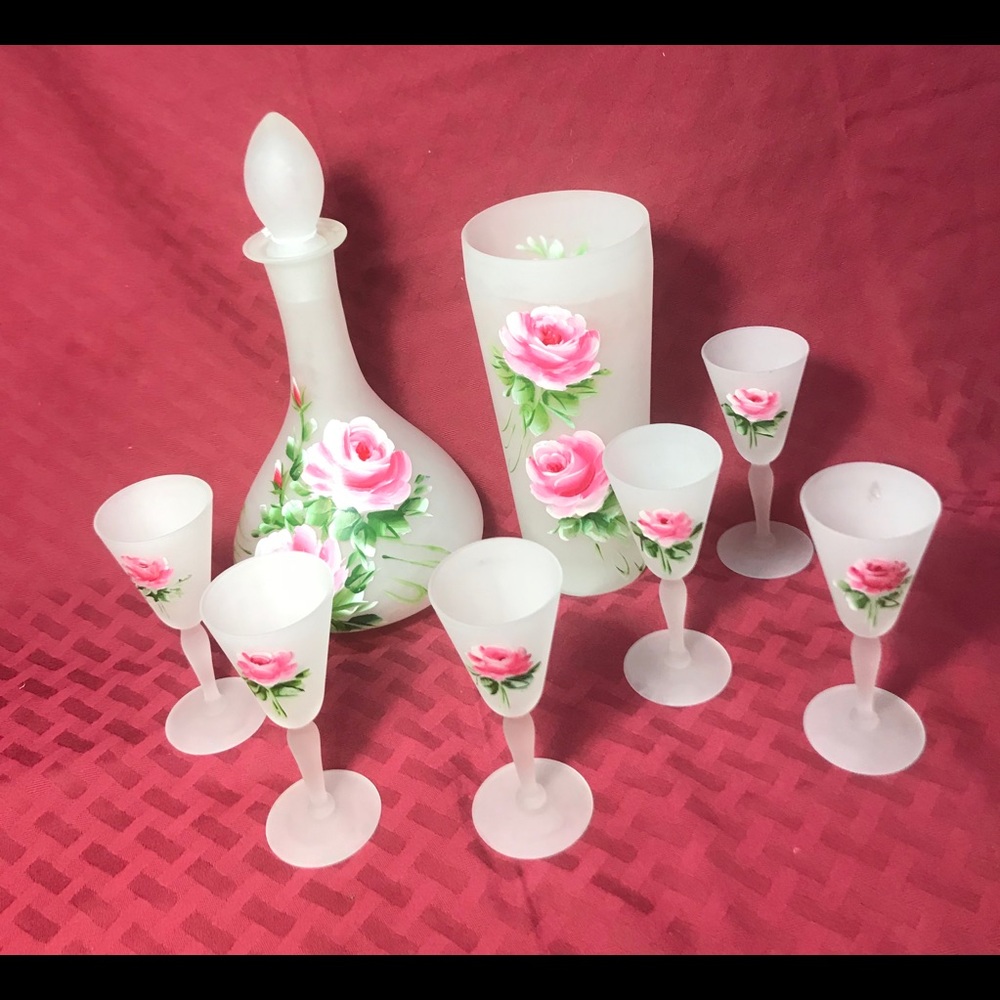 Frosted satin glass roses decanter and six classes